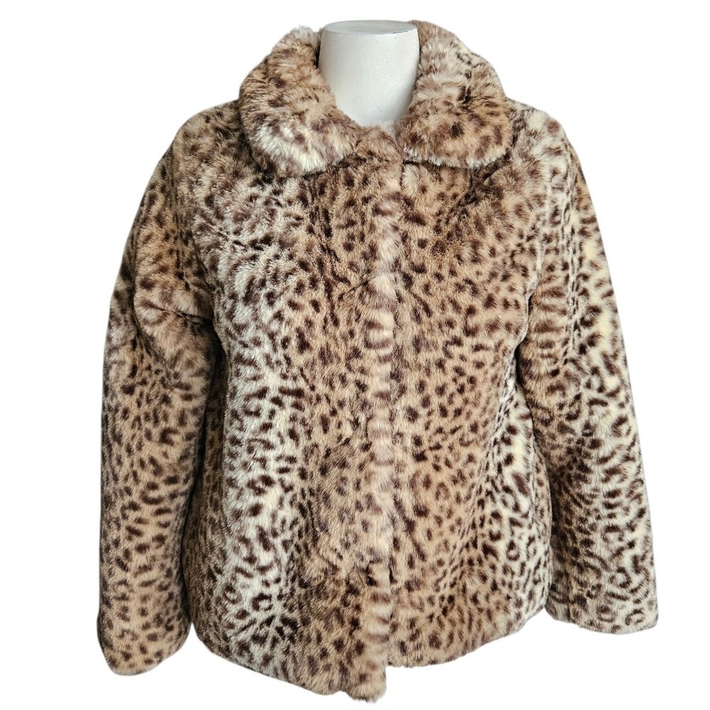 Me Jane Womens Faux Fur‎ Animal Print Coat Sz 10/12 Mobwife NWT